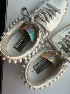 Golden Goose Pearl-Embellished White Superstar Sneakers Size 35